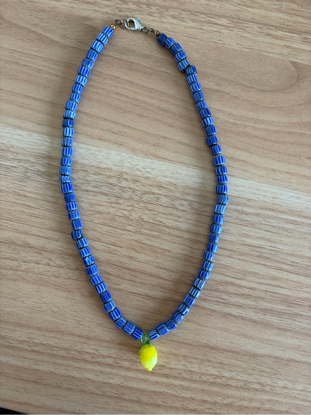 Handmade Blue Beaded Necklace with Yellow Lemon Glass Pendant